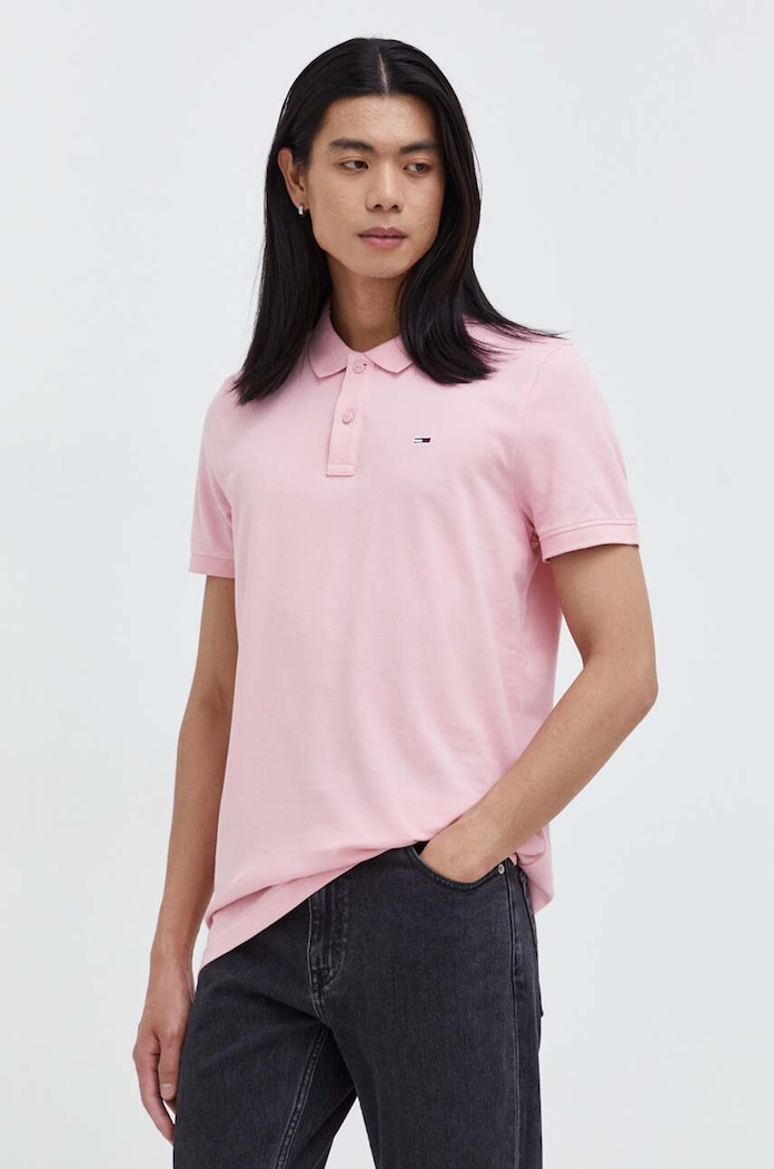 Bavlněné polo tričko Tommy Jeans hladký růžová DM0DM18312