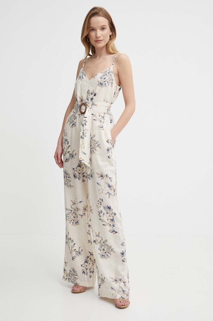 Ľanový overal Lauren Ralph Lauren kvetinový béžová 200932900