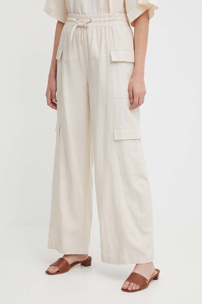 Plátěné kalhoty Dkny high béžová DJ4P3015