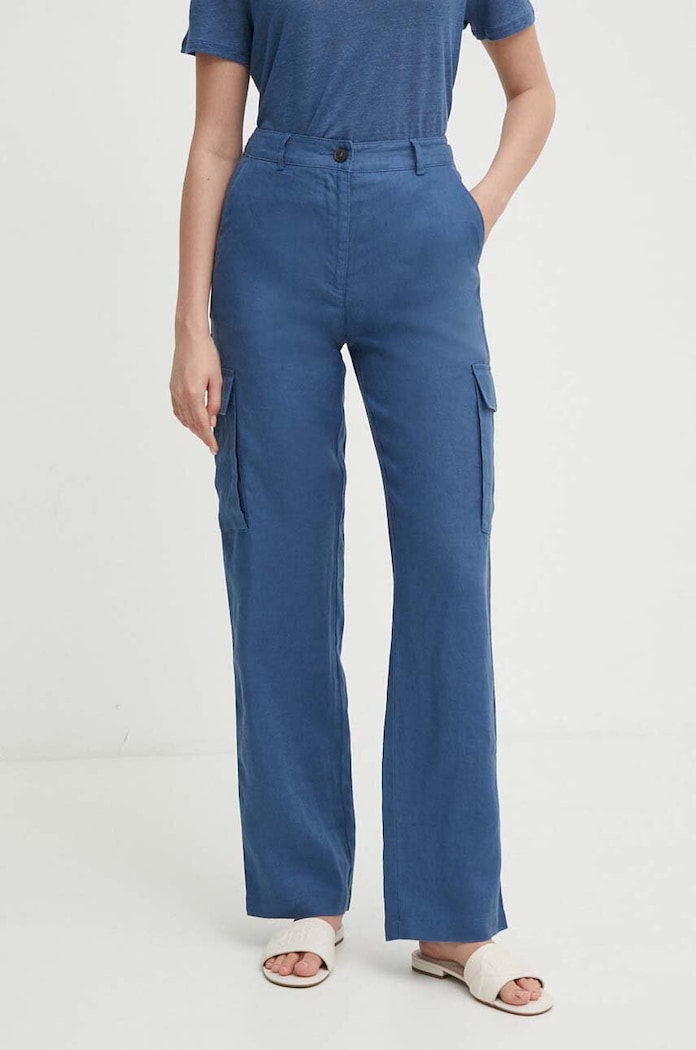 United Colors of Benetton spodnie lniane tkanina niebieski 4AGHDF05V
