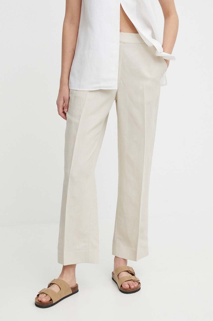Calvin Klein spodnie z domieszką lnu tkanina beżowy K20K206695