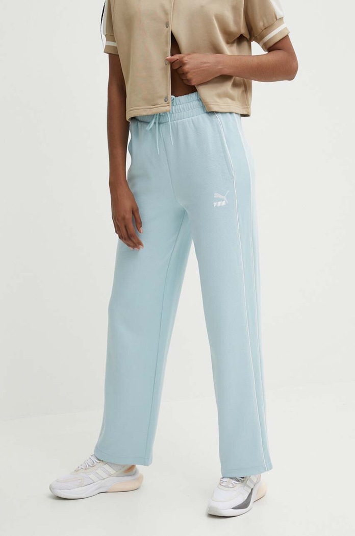 Puma spodnie dresowe T7 High Waist Pant dzianina niebieski 624212