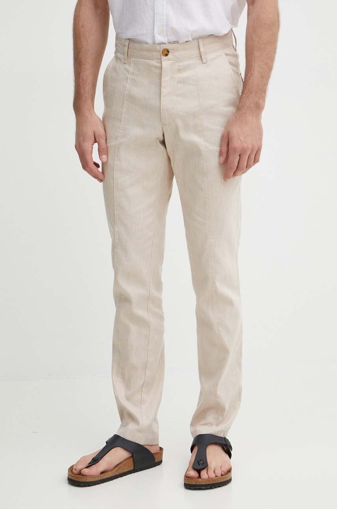 Michael Kors spodnie lniane z elastanem beżowy CS4303L1T2