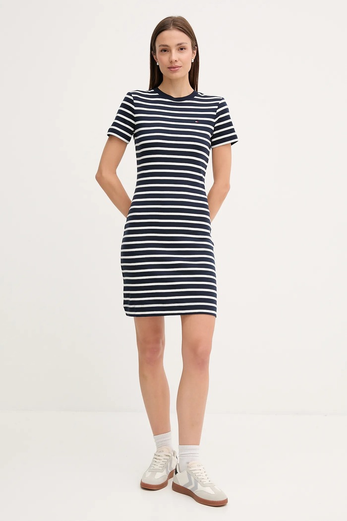Bombažna obleka Tommy Hilfiger WW0WW42721 mornarsko modra AW25