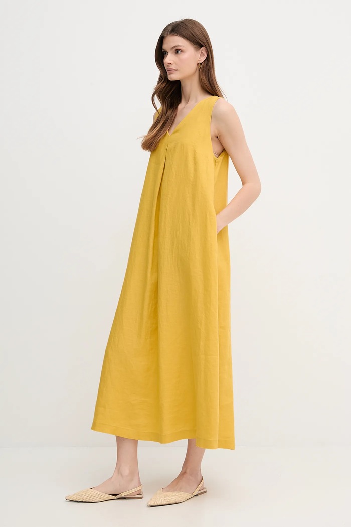 Λινό φόρεμα United Colors of Benetton 4AGHDV07C κίτρινο SS25