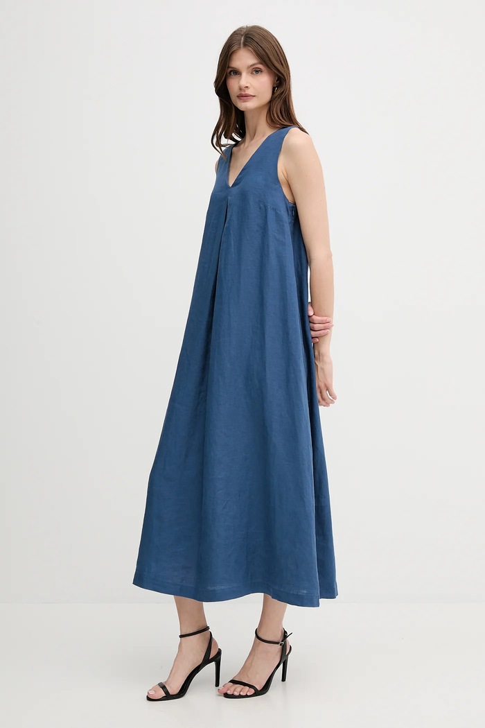 United Colors of Benetton sukienka lniana 4AGHDV07C granatowy SS25
