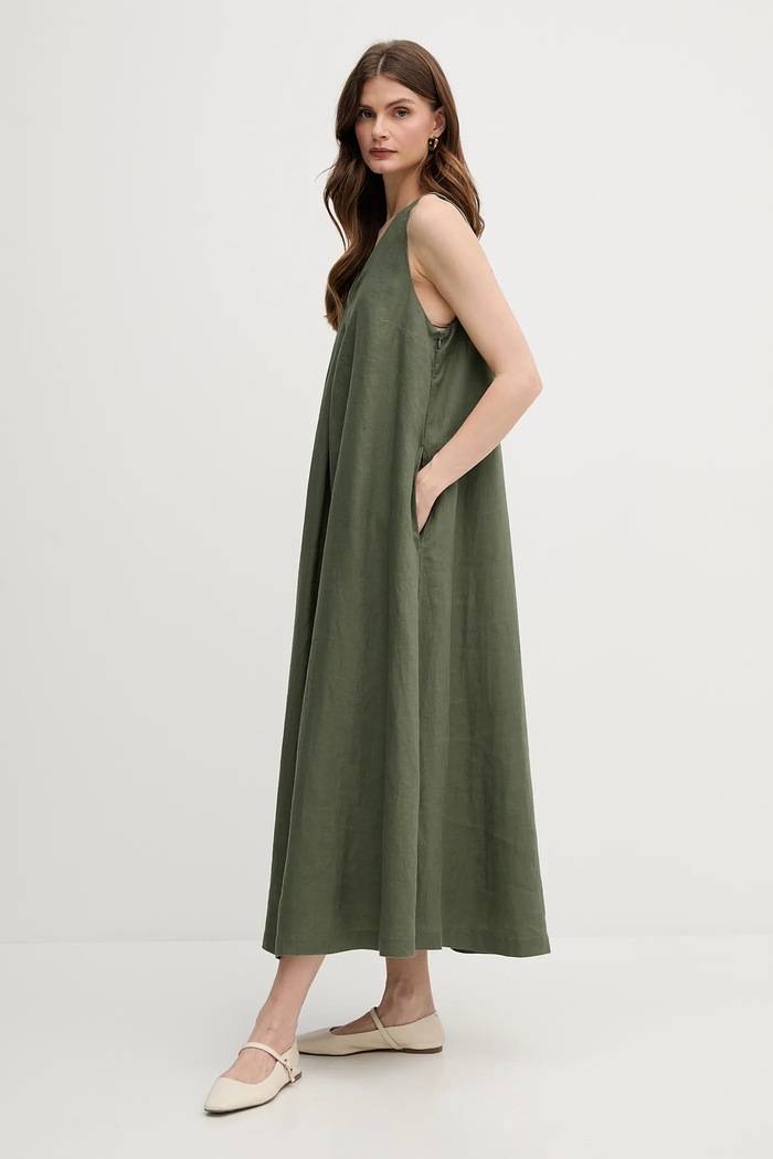 United Colors of Benetton sukienka lniana 4AGHDV07C zielony SS25
