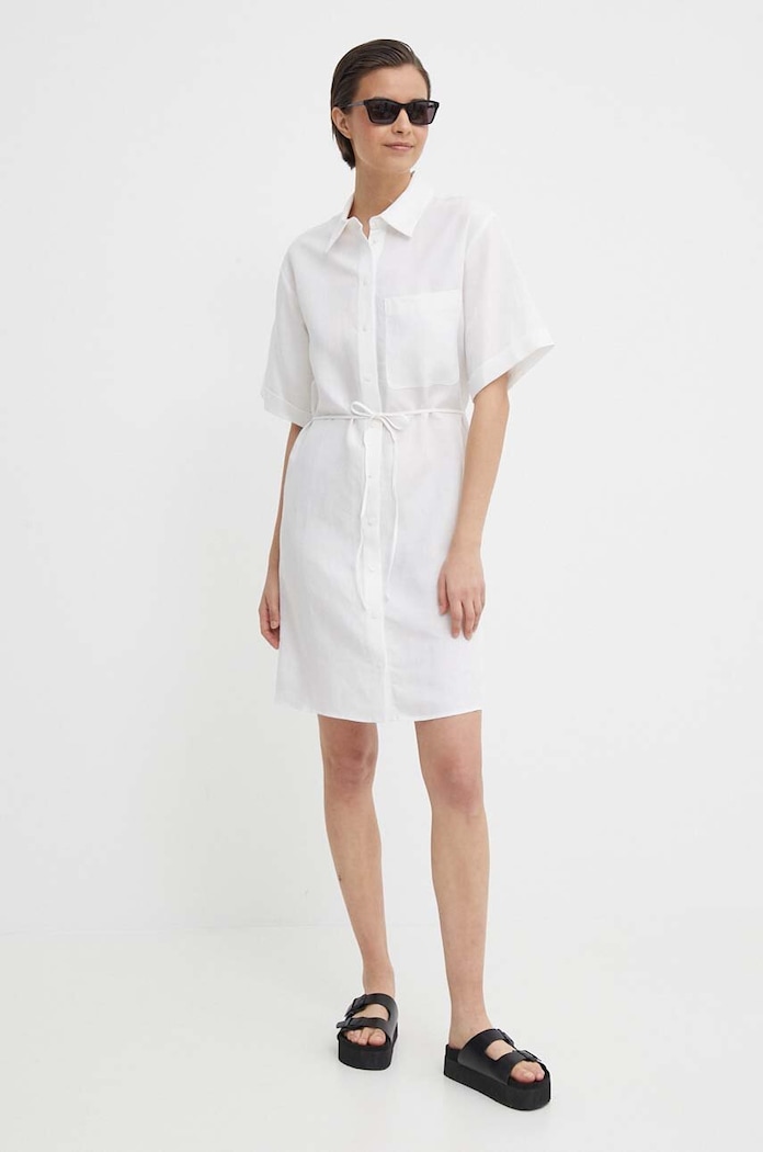Šaty s příměsí lnu Calvin Klein K20K206697 bílá SS24