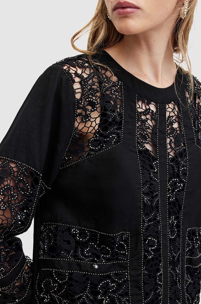AllSaints sukienka z domieszką lnu NOUSH EMB DRESS WD591Z czarny SS24
