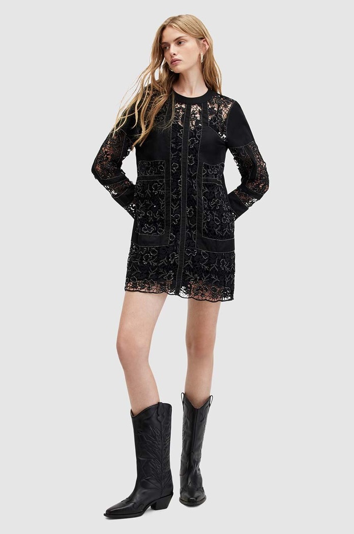 AllSaints sukienka z domieszką lnu NOUSH EMB DRESS WD591Z czarny