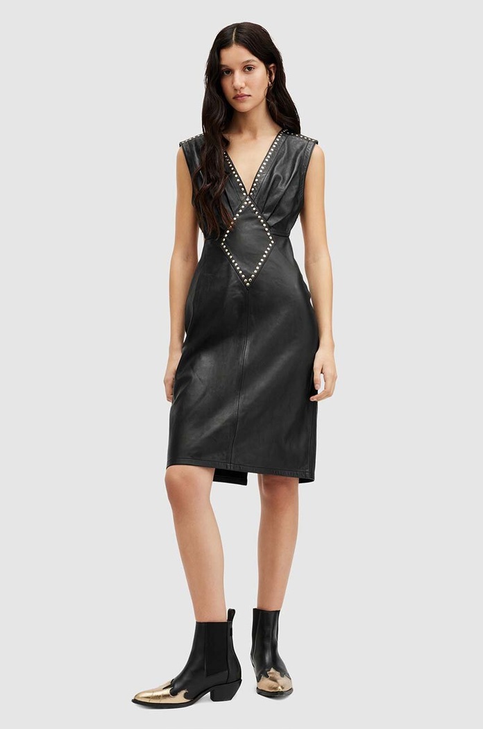 Кожена рокля AllSaints SYLA LEA STUD DRESS шпиц черен WL536Z