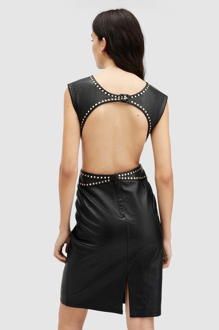 Кожена рокля AllSaints SYLA LEA STUD DRESS WL536Z черен
