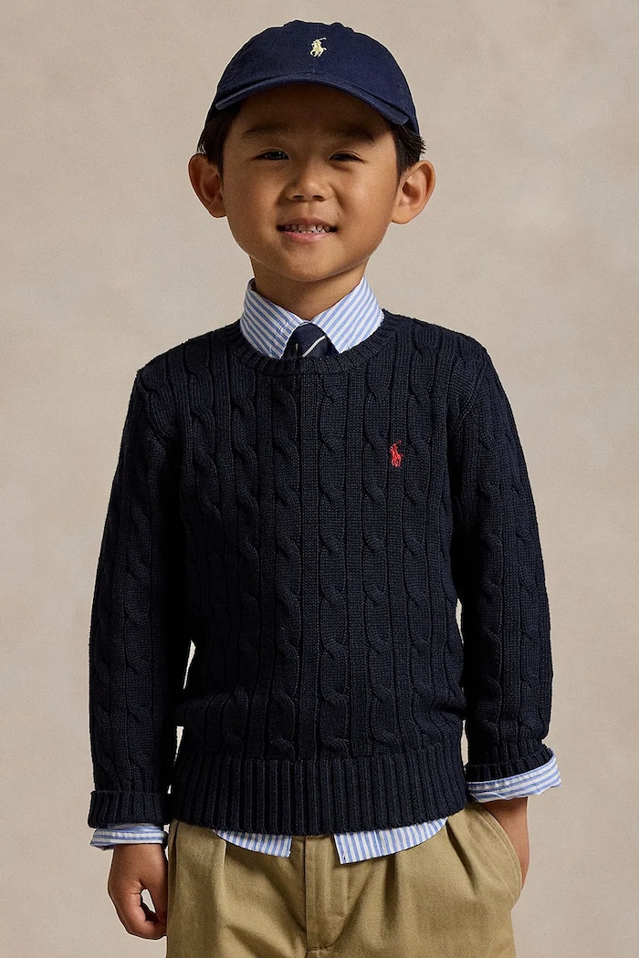 Detský bavlnený sveter Polo Ralph Lauren stredne hrubá tmavomodrá 322702674060
