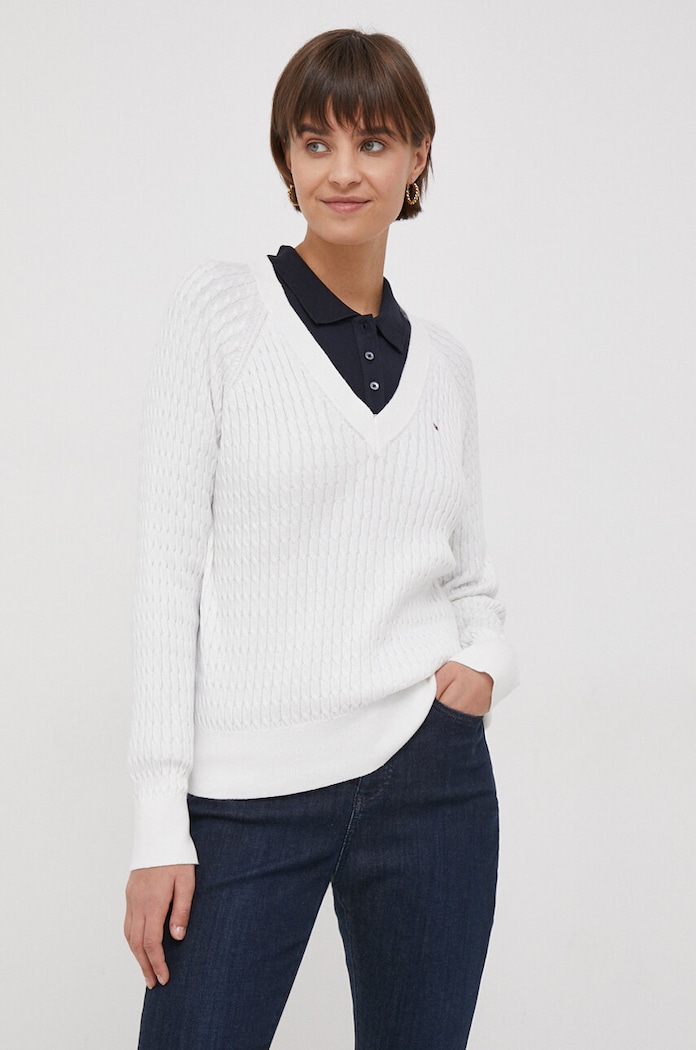 Bavlněný svetr Tommy Hilfiger V výstřih bílá WW0WW40674