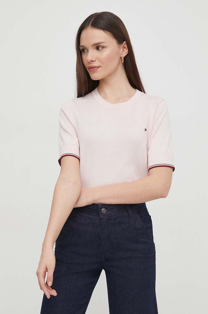 Bavlněný svetr Tommy Hilfiger kulatý růžová WW0WW38724