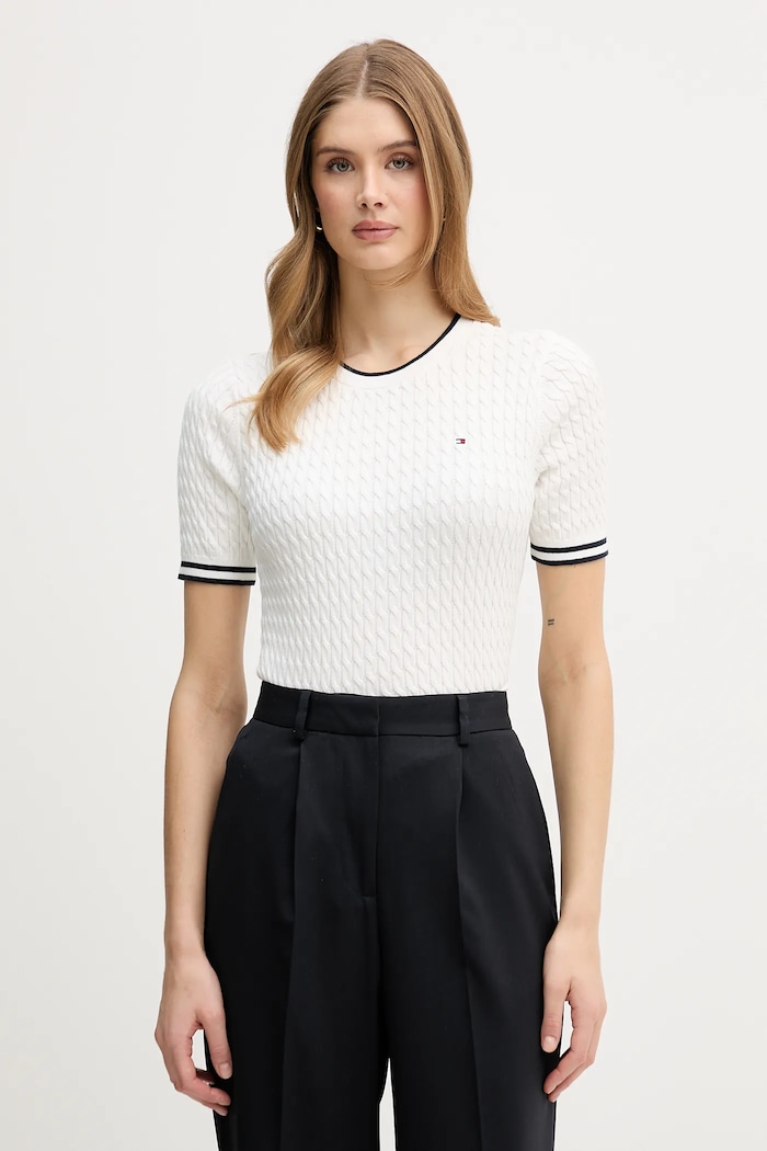 Tommy Hilfiger rövid ujjú pulóver női pamut pamut bézs WW0WW41787