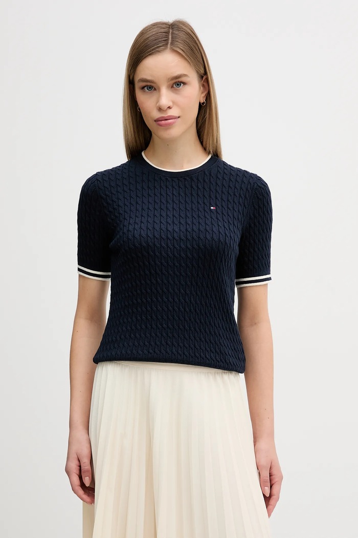 Tommy Hilfiger pulover cu mânecă scurtă pentru femei din bumbac bleumarin WW0WW41787