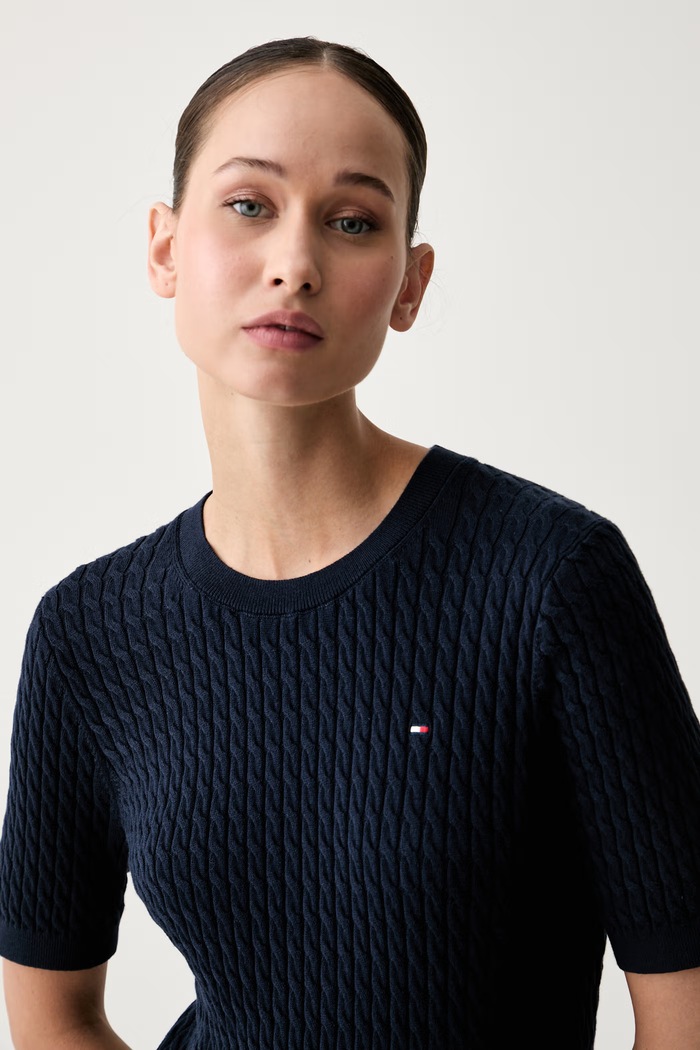 Tommy Hilfiger sweter z krótkim rękawem damski bawełniany granatowy WW0WW41787