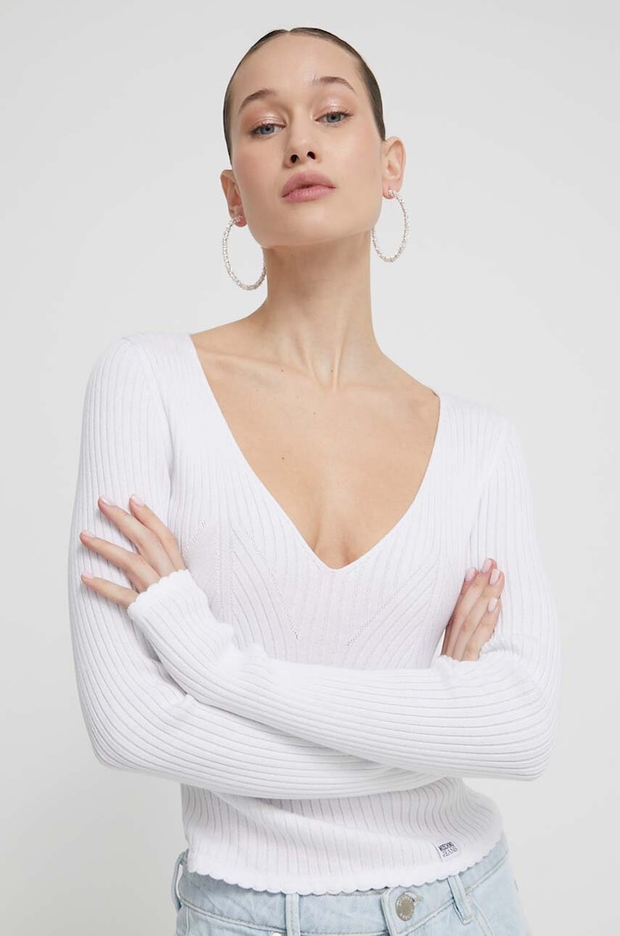 Moschino Jeans maglione in cotone scollo a V bianco 0913.3706