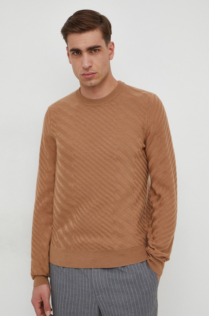 BOSS sweter wełniany okrągły beżowy 50506035