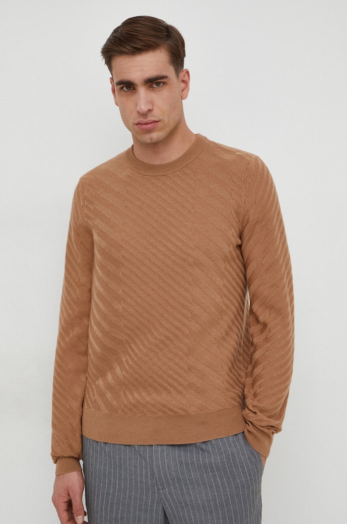 BOSS sweter wełniany okrągły beżowy 50506035