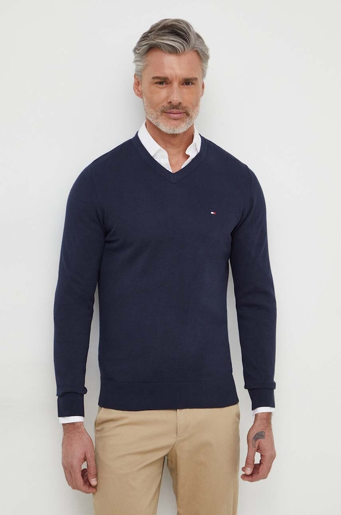 Bavlněný svetr Tommy Hilfiger V výstřih námořnická modř MW0MW32022