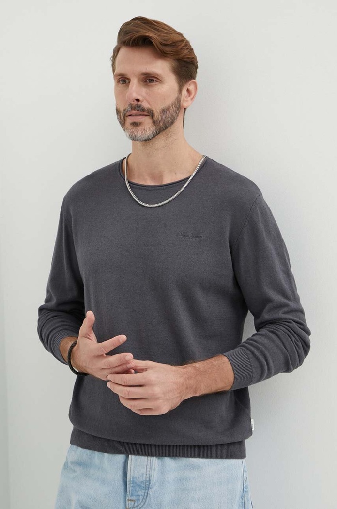 Lněný svetr Pepe Jeans MILLER kulatý šedá PM702422
