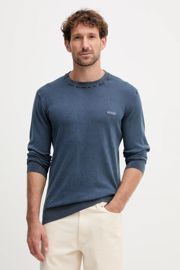 Guess sweter z domieszką jedwabiu CHESLEY granatowy M4GR06.Z3DN1