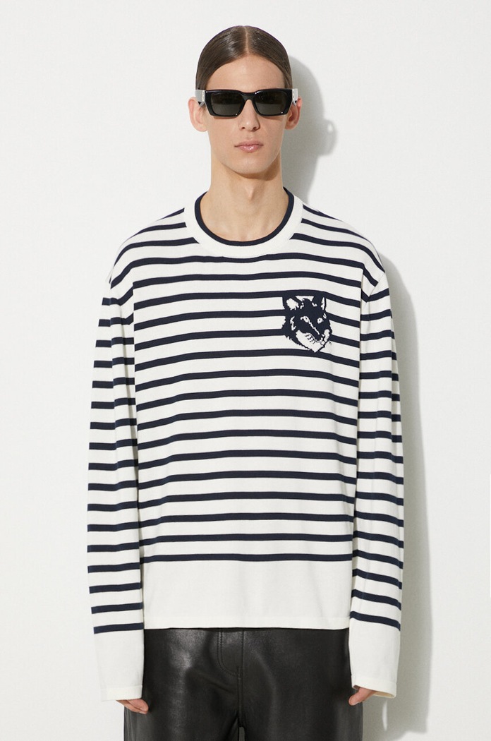 Бавовняний светр Maison Kitsuné Fox Head Intarsia Comfort Striped Jumper візерунок темно-синій MM00803KT1102