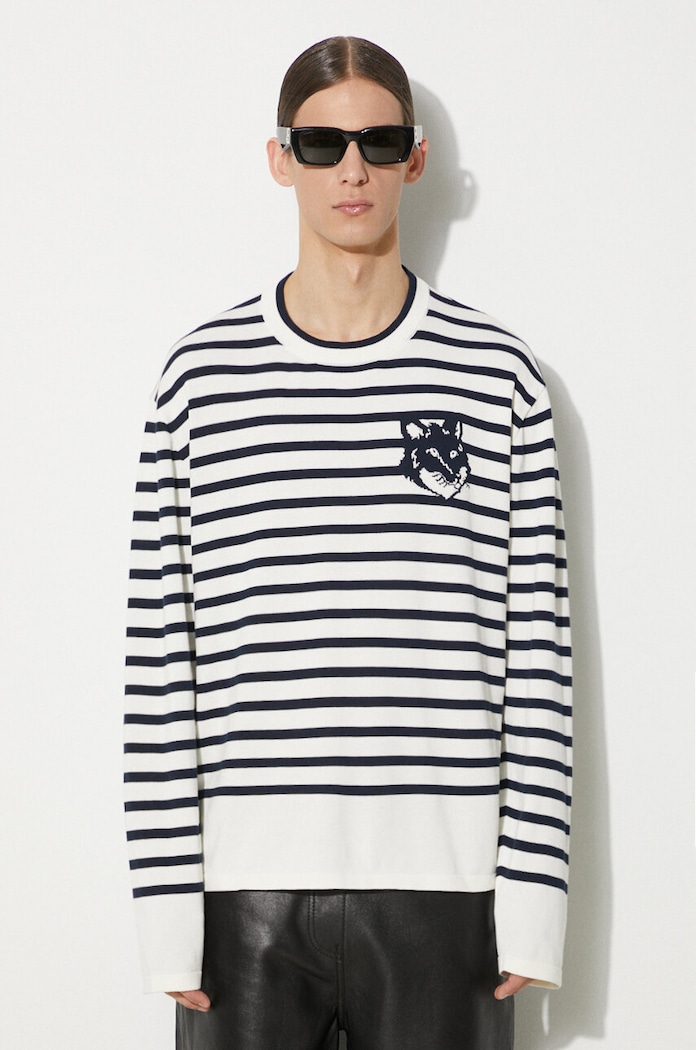 Бавовняний светр Maison Kitsuné Fox Head Intarsia Comfort Striped Jumper візерунок темно-синій MM00803KT1102