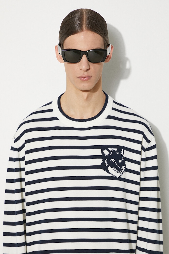 Бавовняний светр Maison Kitsuné Fox Head Intarsia Comfort Striped Jumper MM00803KT1102 темно-синій