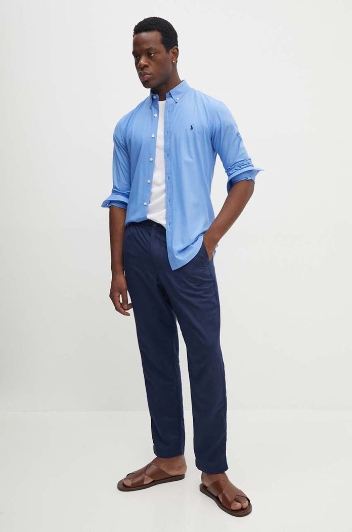 Ľanové nohavice Polo Ralph Lauren 710927863 tmavomodrá AW24