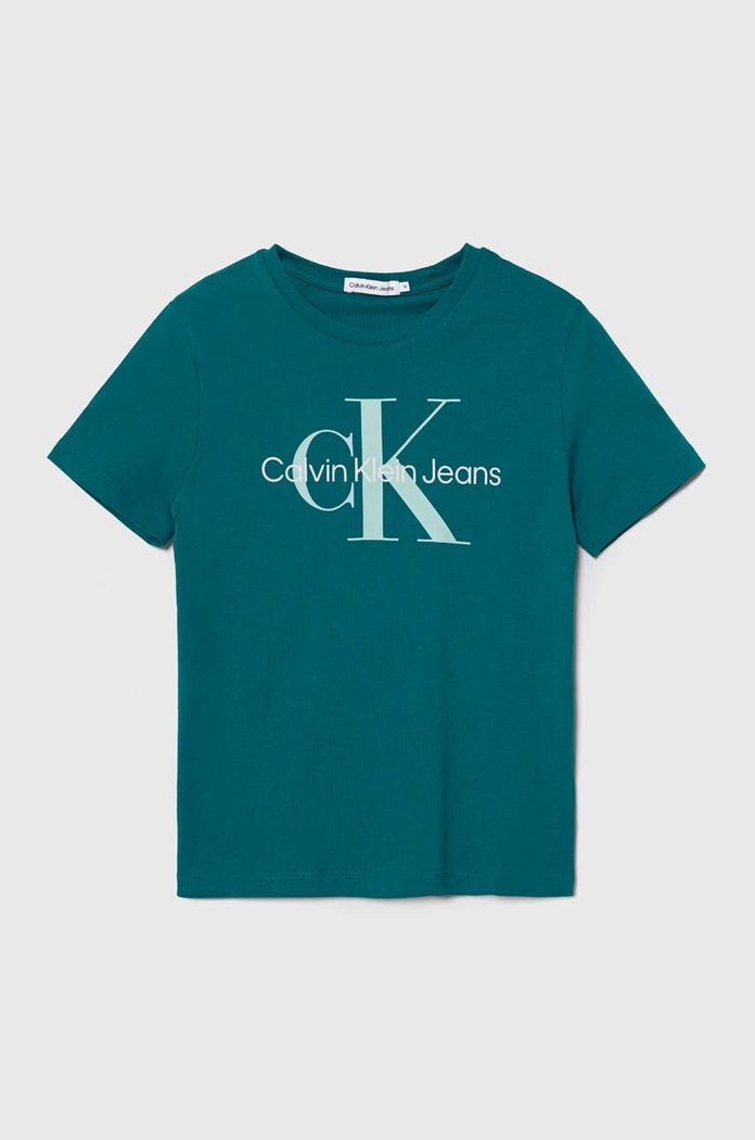 Παιδικό βαμβακερό μπλουζάκι Calvin Klein Jeans στάμπα τιρκουάζ IU0IU00460.128.176.PPYH