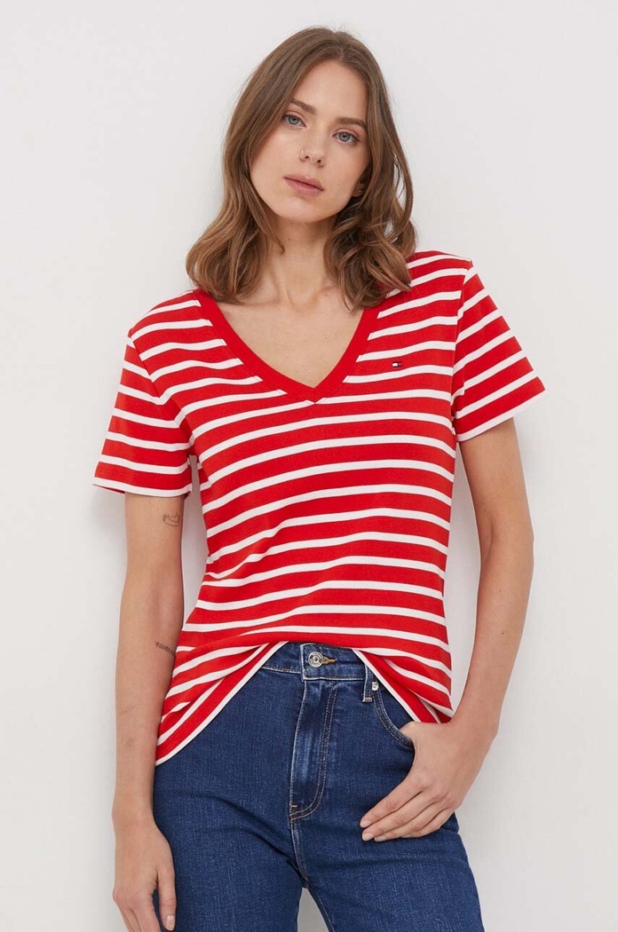 Tommy Hilfiger tričko dámske bavlnené slim červená WW0WW40584