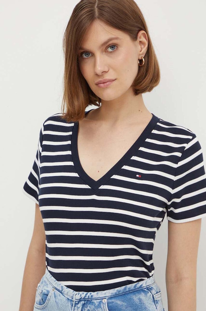 Tommy Hilfiger tricou pentru femei din bumbac forma V bleumarin WW0WW40584