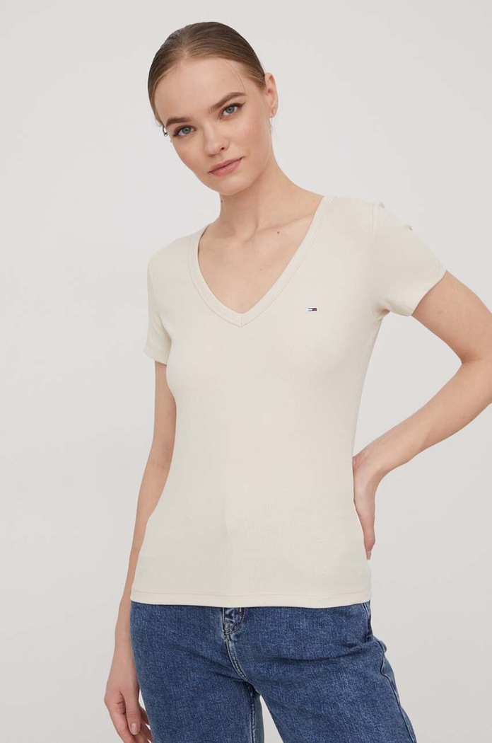 Tommy Jeans kratka majica ženska bombažna z elastanom DW0DW17385 bež AA00
