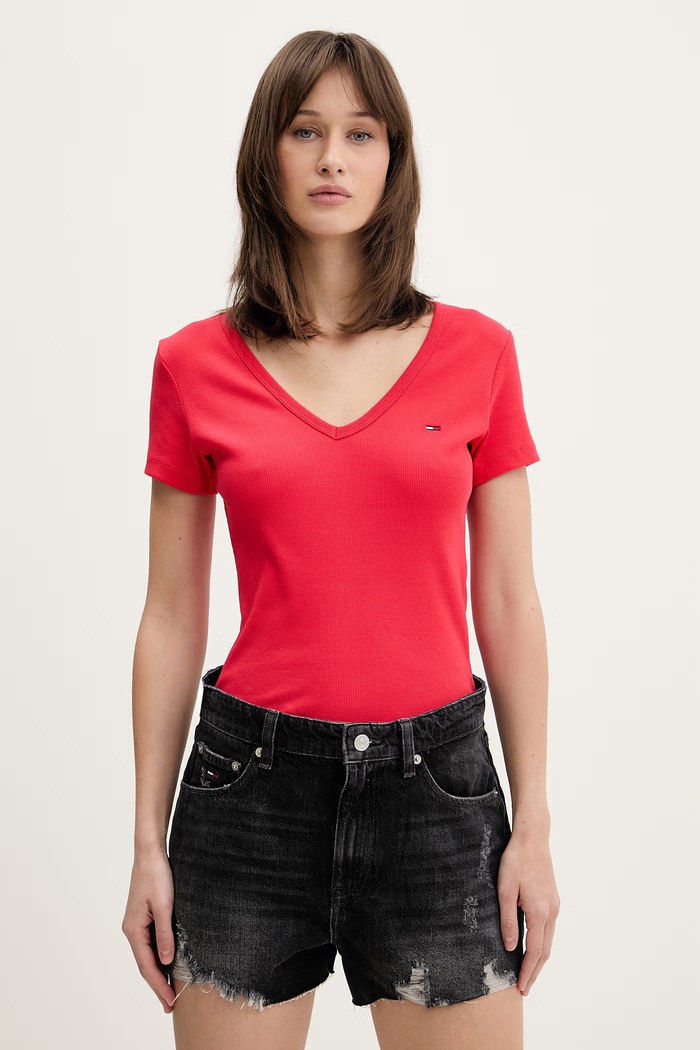 Tommy Jeans T-shirt Γυναικείο βαμβακερό με ελαστάν κόκκινο DW0DW17385
