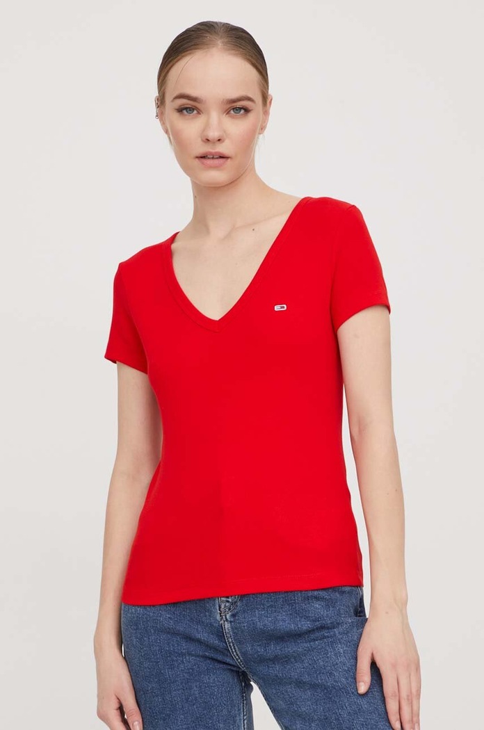 Tommy Jeans T-shirt damski bawełniany z elastanem DW0DW17385 czerwony AA00