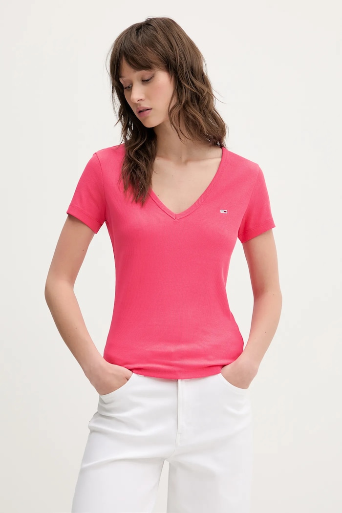 Tommy Jeans tričko dámske bavlnené s elastanom slim ružová DW0DW17385