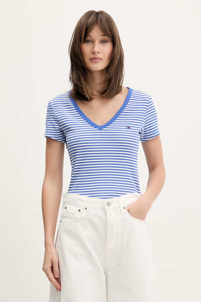 Tommy Jeans T-shirt damski bawełniany z elastanem niebieski DW0DW17385