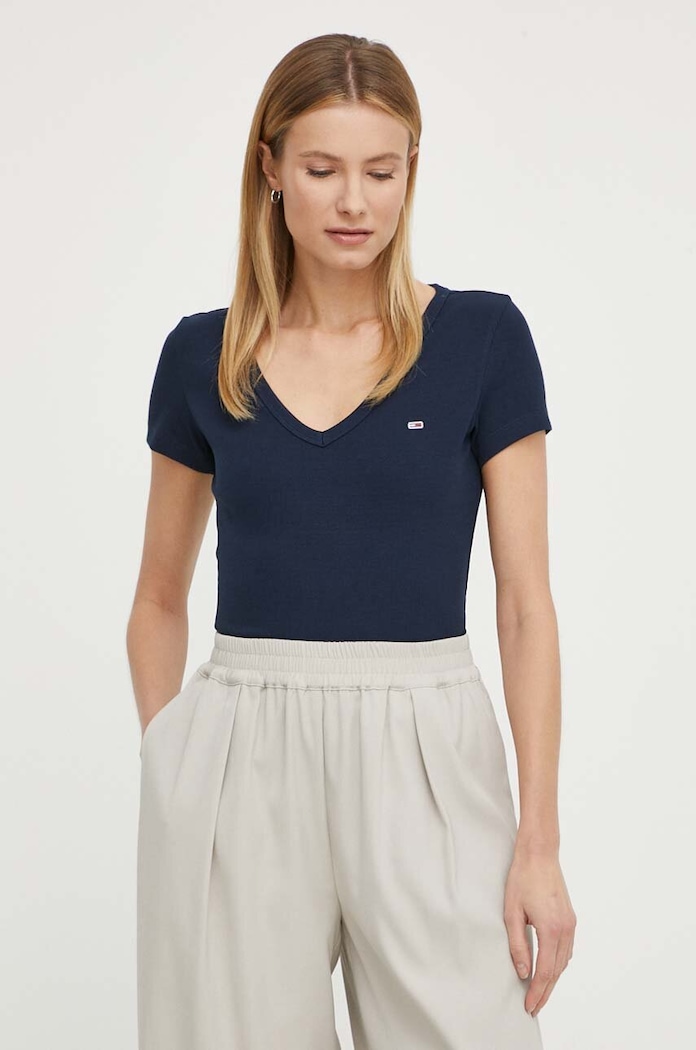 Tommy Jeans T-shirt damski bawełniany z elastanem granatowy DW0DW17385