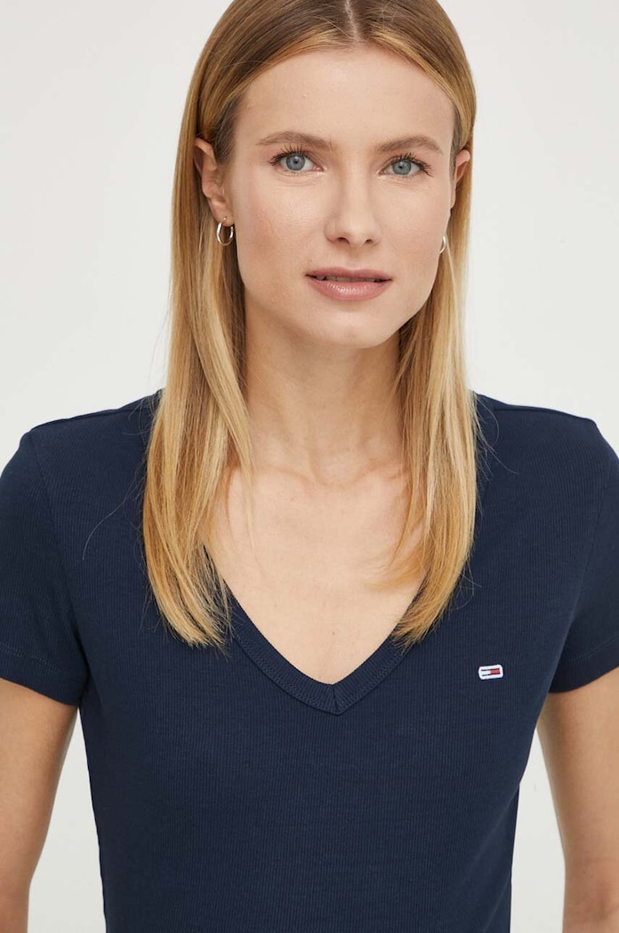 Tommy Jeans T-shirt damski bawełniany z elastanem DW0DW17385 granatowy AA00