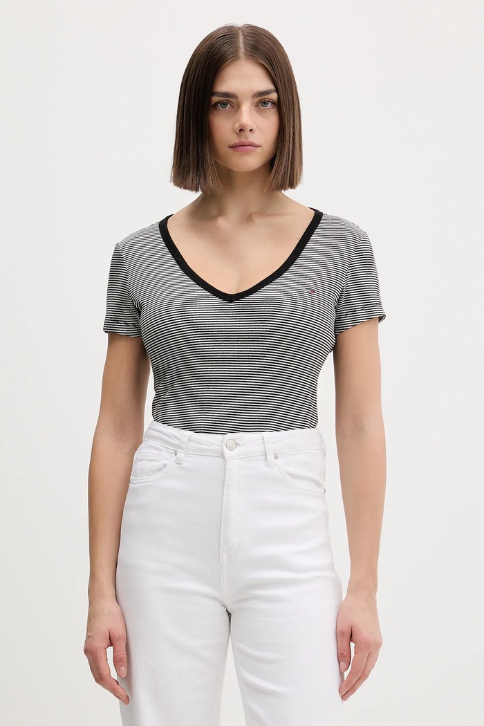 Tommy Jeans tricou femei din bumbac cu elastan negru DW0DW17385
