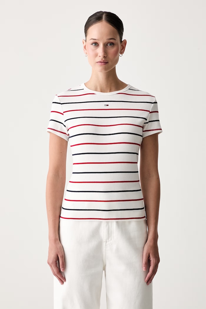 Tommy Jeans T-shirt basic damski bawełniany z elastanem biały DW0DW17383