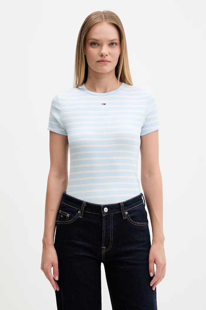 Tommy Jeans tricou basic pentru femei, din bumbac cu elastan albastru DW0DW17383