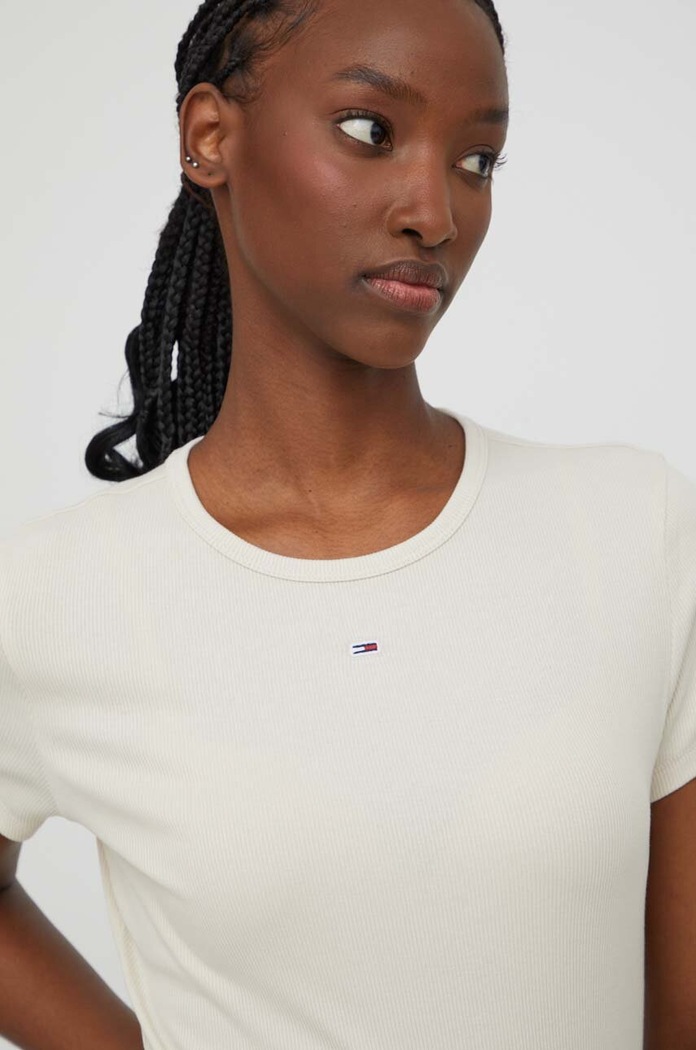 Oblečenie Tommy Jeans basic tričko dámske bavlnené s elastanom DW0DW17383 béžová