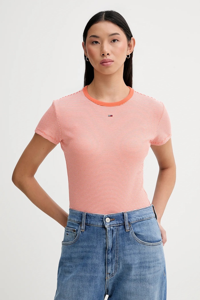 Tommy Jeans Tricou basic pentru femei, din bumbac cu elastan portocaliu DW0DW17383