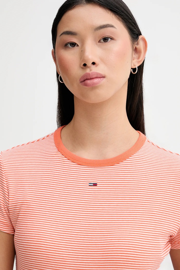 Tricou basic pentru femei, din bumbac cu elastan Tommy Jeans DW0DW17383 portocaliu