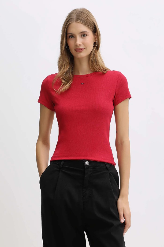 Tommy Jeans basic tričko dámske bavlnené s elastanom jednofarebný červená DW0DW17383