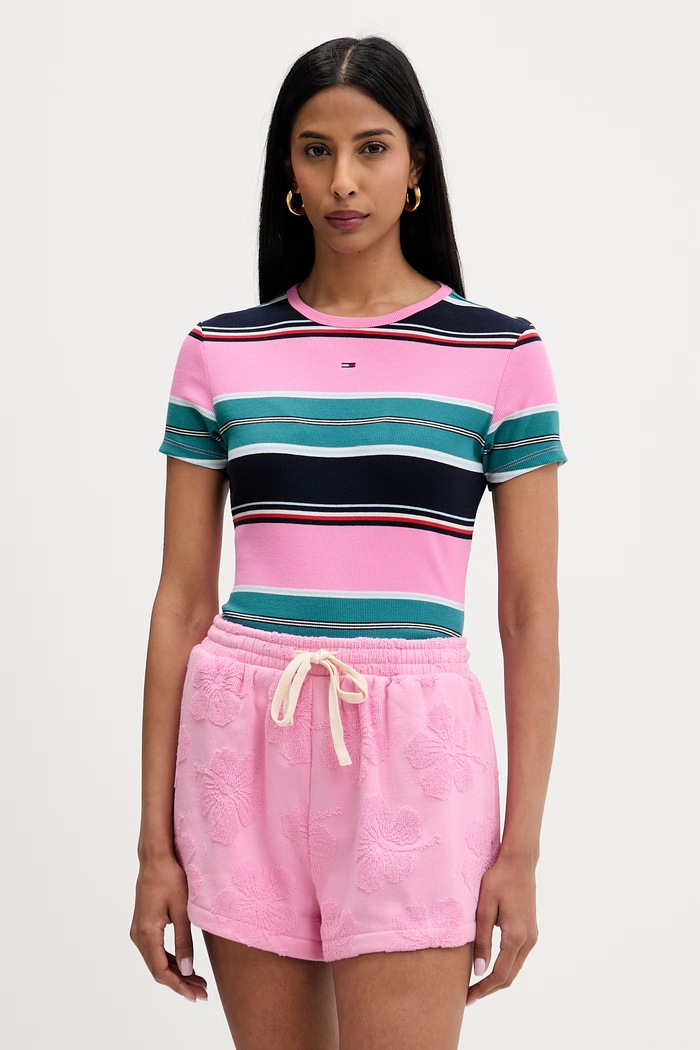 Tommy Jeans T-shirt basic damski bawełniany z elastanem różowy DW0DW17383